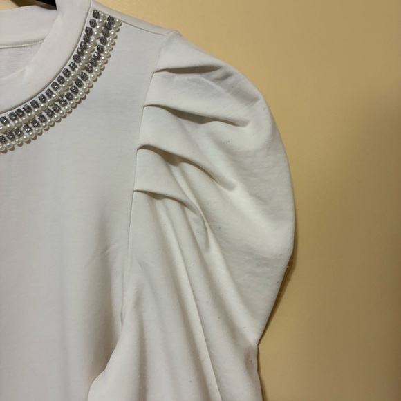 Ann Taylor Embellished Puff Sleeve Sweatshirt Women’s M White Holiday Party - Picture 3 of 8